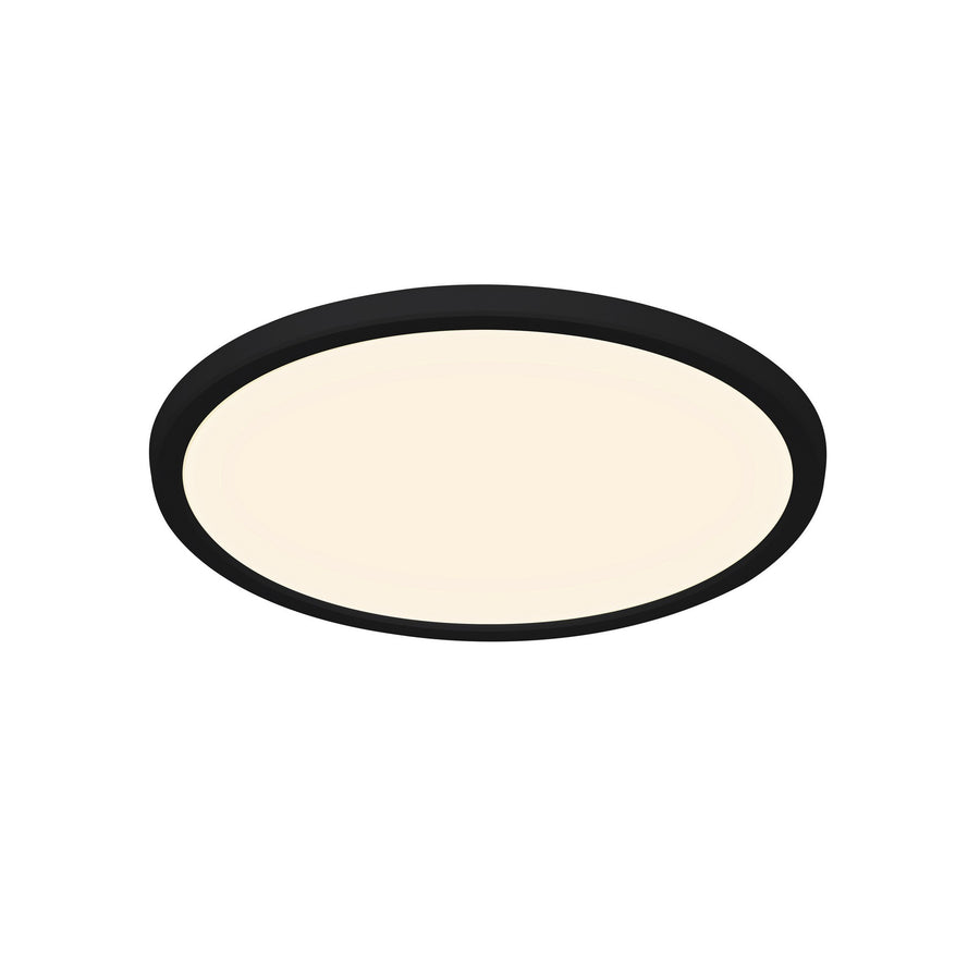 Vue de trois quarts du plafonnier LED rond noir, cerclage sombre et diffuseur opale.
