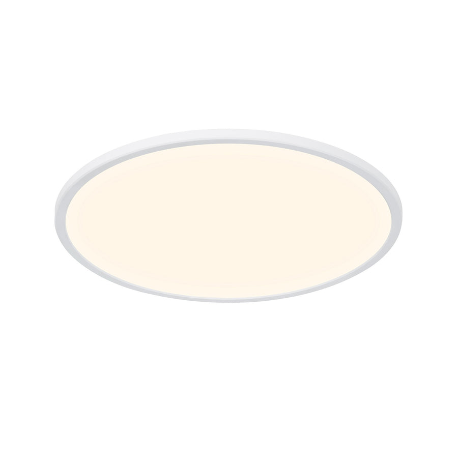 Plafonnier rond blanc vu de face, diffuseur opale et fin cerclage blanc.