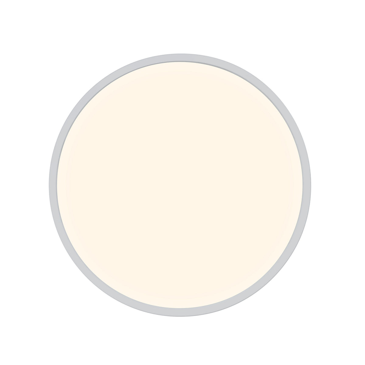 Vue de face du plafonnier rond blanc, surface lumineuse uniforme et bord discret