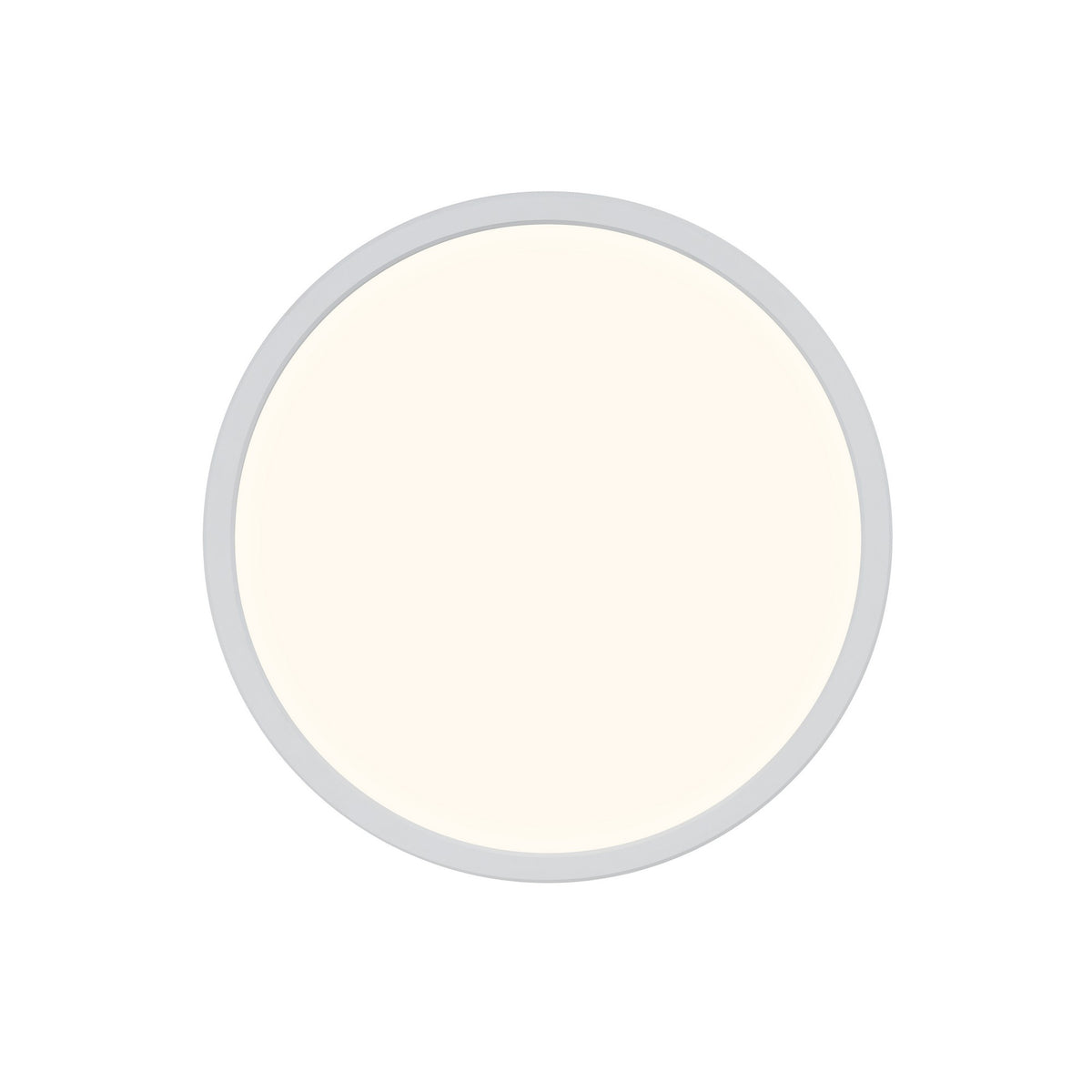 Vue de face du plafonnier rond blanc, fin liseré gris périphérique