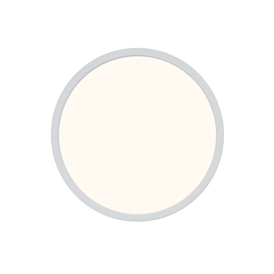 Vue de face du plafonnier rond blanc, fin liseré gris périphérique