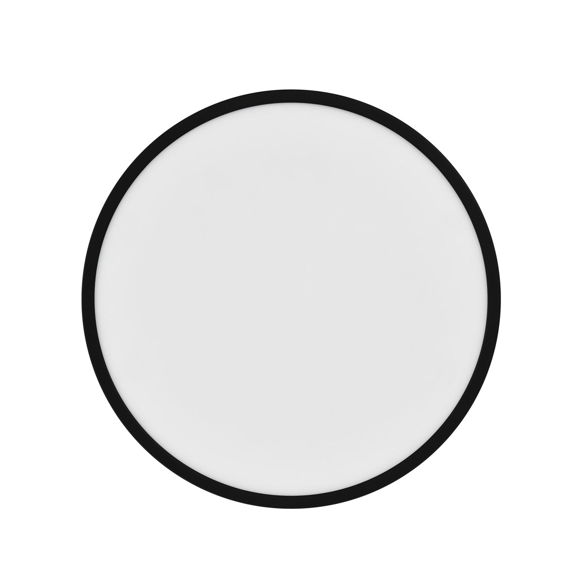 Plan serré sur le luminaire rond blanc, cerclé de noir, éteint et homogène.