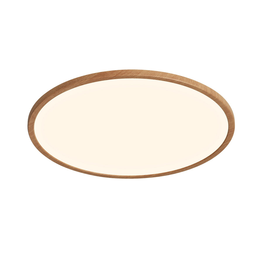 Plafonnier ovale en perspective, cerclage effet bois clair et diffuseur opale blanc