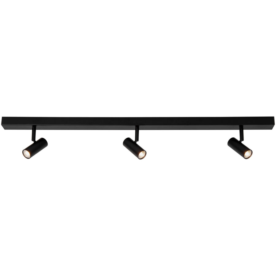 Vue de face du plafonnier noir à trois spots cylindriques orientables sur rail rectangulaire.