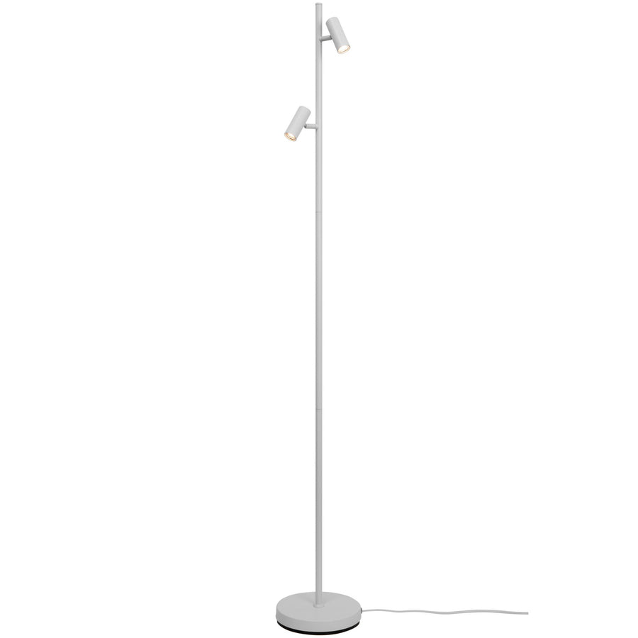 Lampadaire blanc de face avec deux spots cylindriques orientables et câble apparent.
