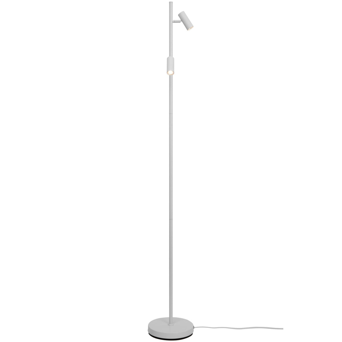 Vue de trois quarts du lampadaire blanc avec ses deux spots orientables sur tige.