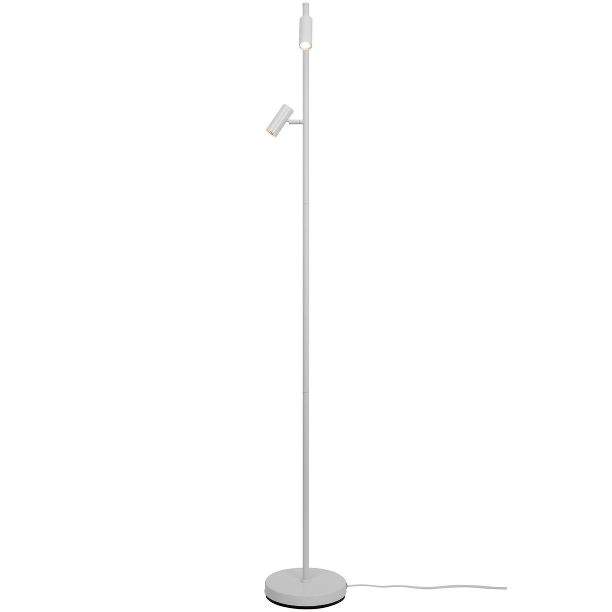 Lampadaire blanc vu de profil, spot supérieur orienté vers le bas et base ronde.