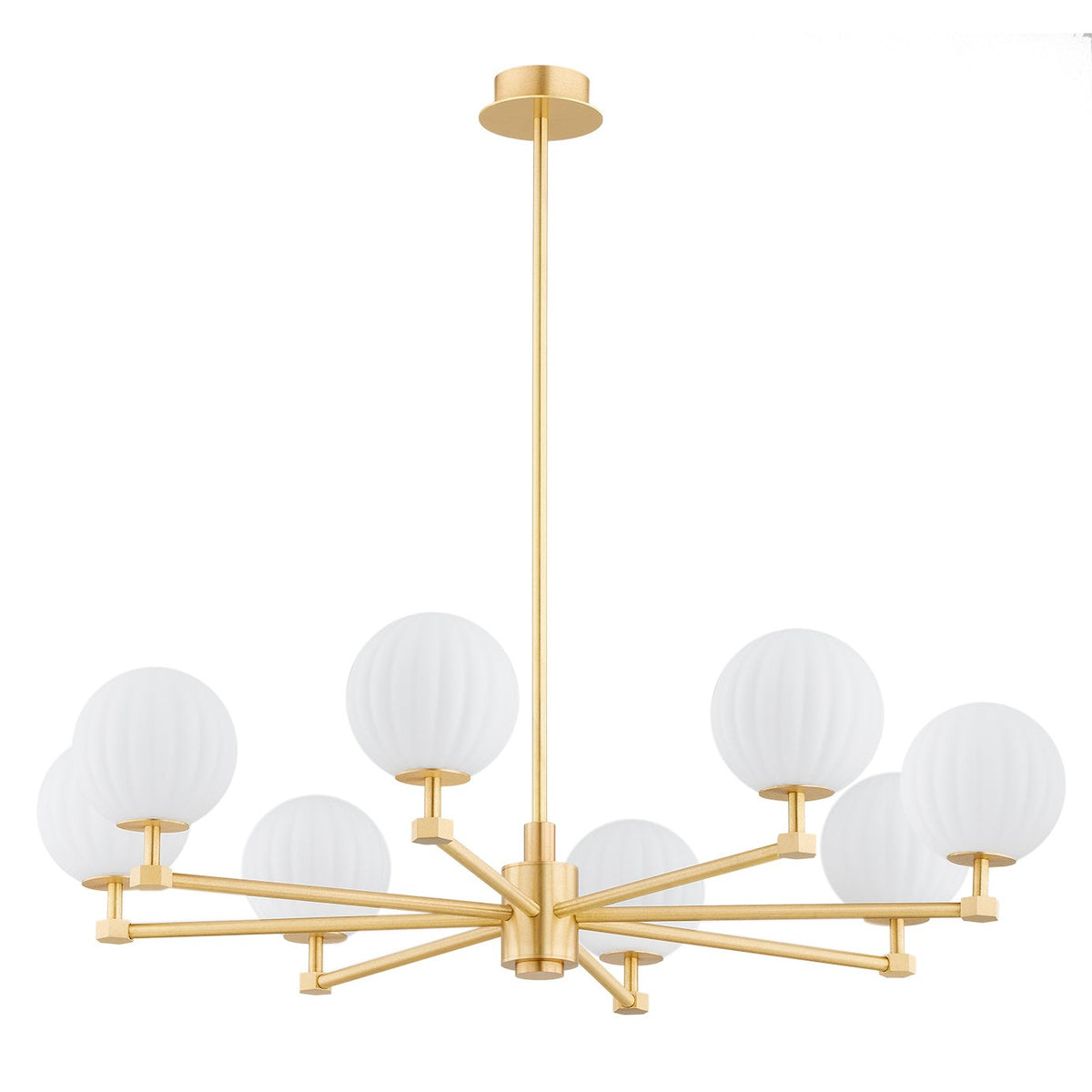 Vue d'ensemble du luminaire à huit globes, tige centrale et bras dorés.