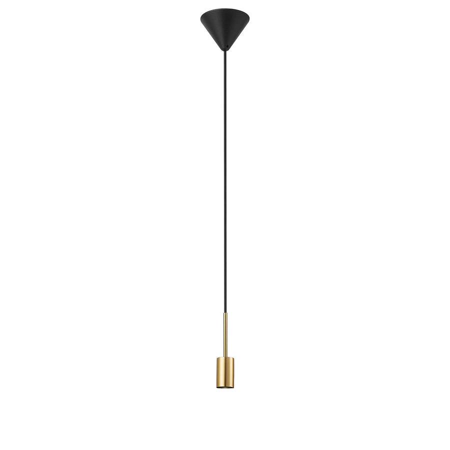 Suspension noire et laiton avec douille cylindrique, sans ampoule, vue de face.