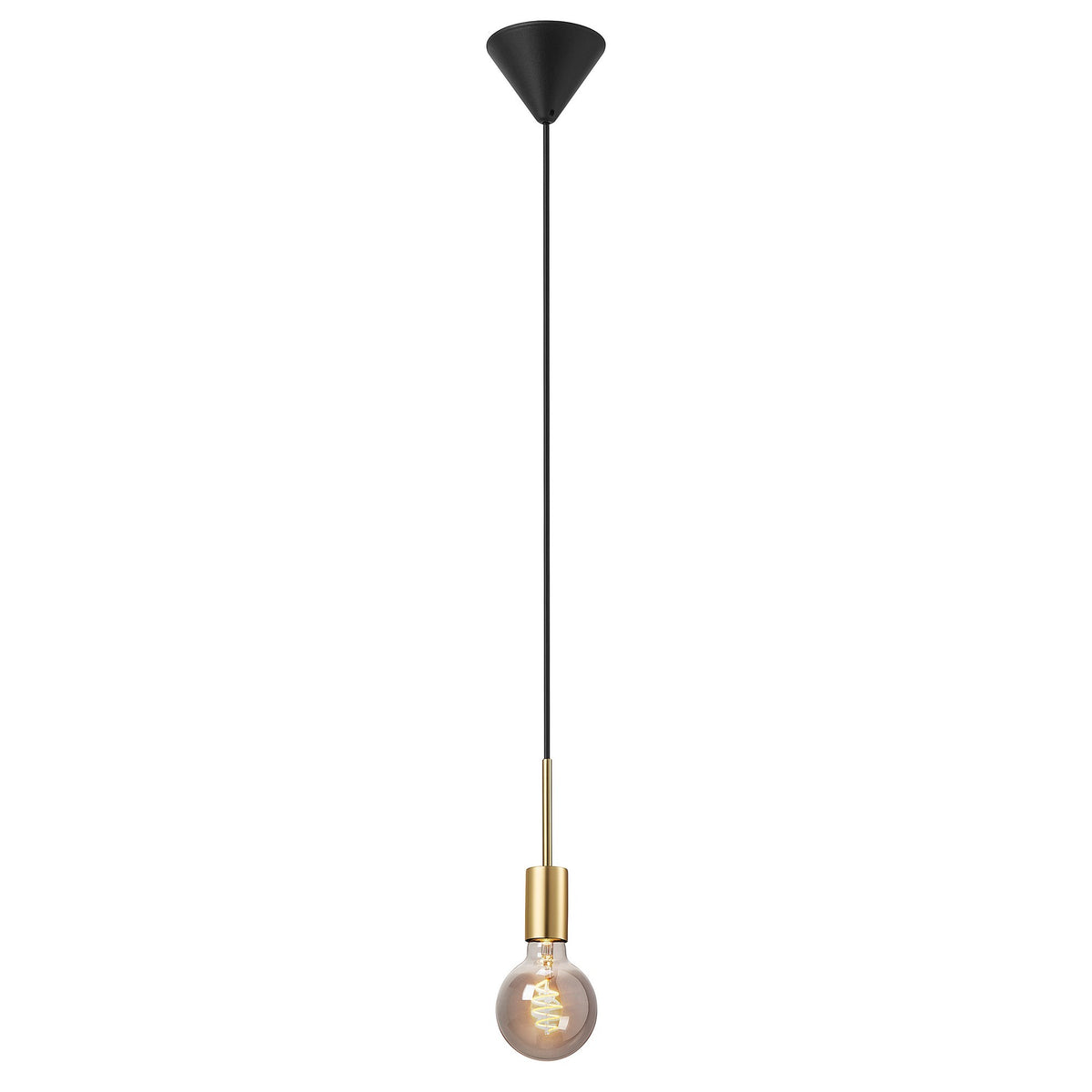 Suspension avec ampoule transparente à filament, douille laiton et câble noir, vue de face.