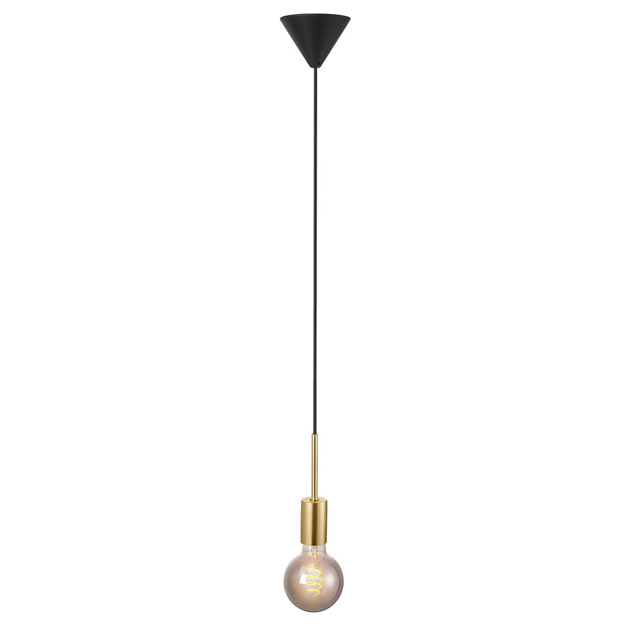 Produit entier avec ampoule à filament, câble noir et finition laiton.