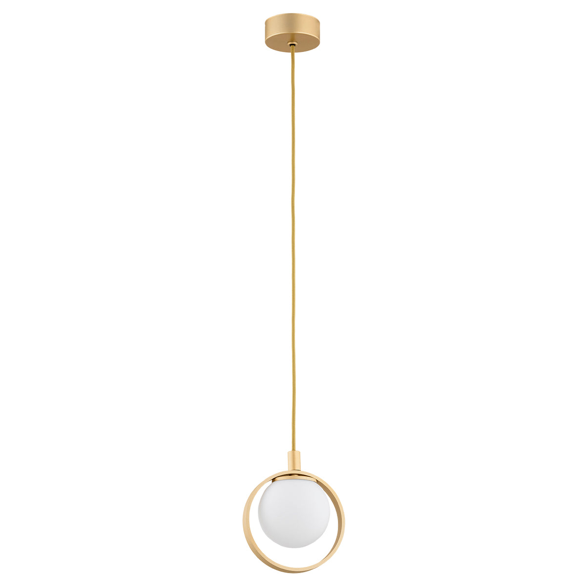 Vue de face du luminaire doré suspendu, anneau et diffuseur sphérique blanc