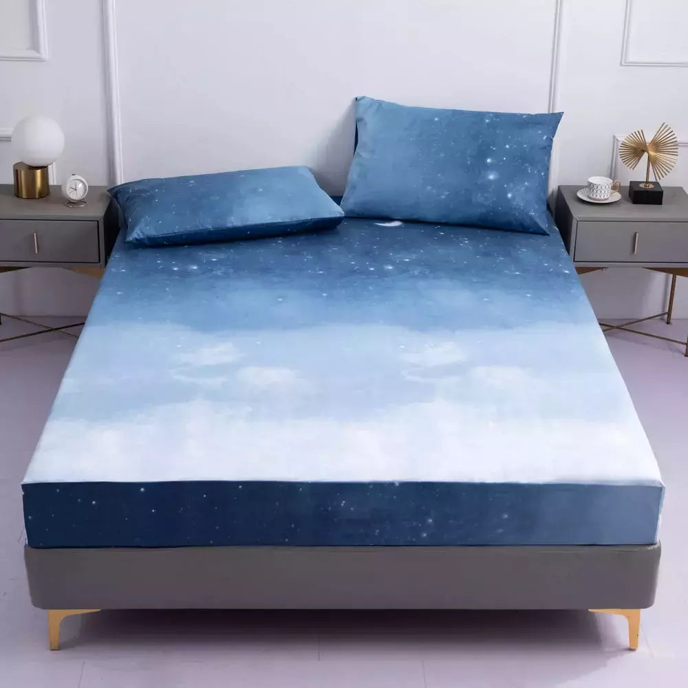 Drap-housse avec 2 taies d'oreiller | Designix -  Bleu étoilé fixer 90x200x25cm - https://designix.fr/