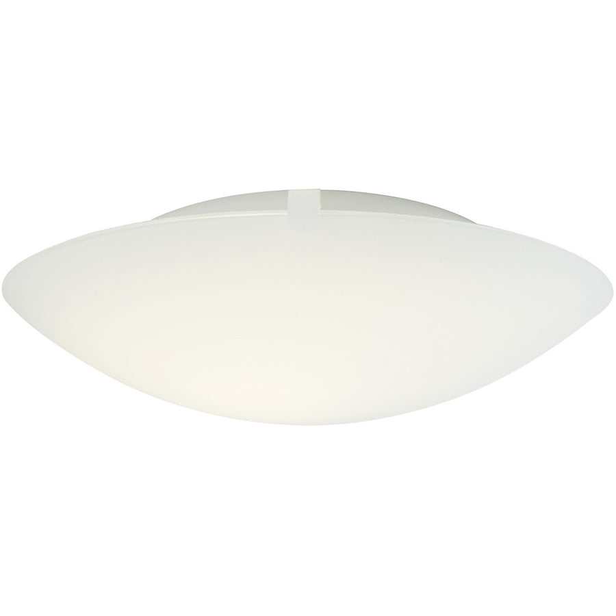 Plafonnier blanc en verre dépoli de forme arrondie, présenté sur fond blanc.