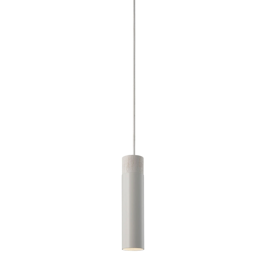 Suspension cylindrique blanche en bois et métal, vue de face sur fond blanc
