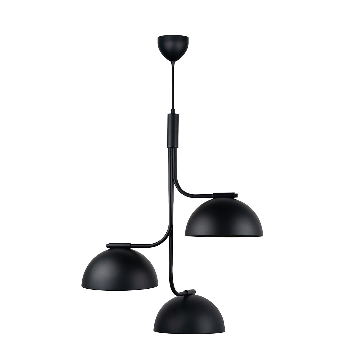 Vue de face de la suspension noire, intérieur clair des dômes visible