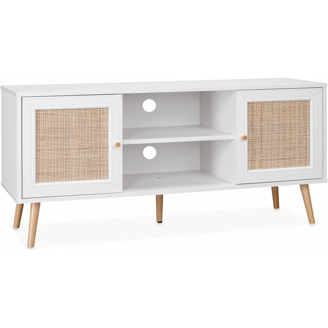 Alice'S Home - Meuble TV En Cannage 120X39X56.5Cm - Bohème - Blanc. 2 Niveaux. 2 Étagères. 2 Portes. Pieds Scandinaves | Designix - Amazon    - https://designix.fr/