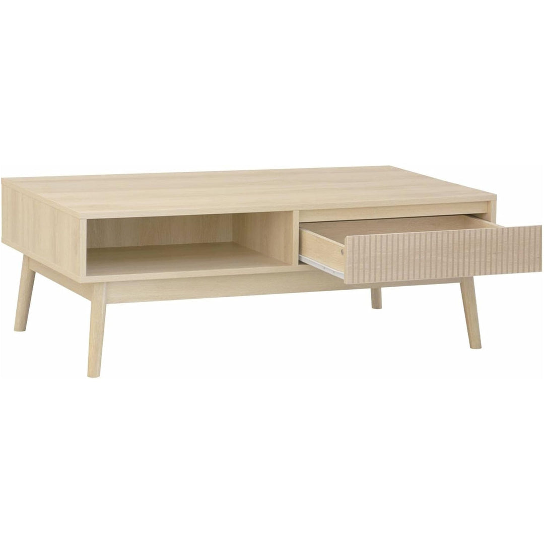 Alice'S Home - Table Basse Couleur Naturelle. Linear. Décor Bois Rainuré. Pieds Compas. 2 Niches. 1 Tiroir. L 110 X L 59 X H 39Cm | Designix - Amazon    - https://designix.fr/