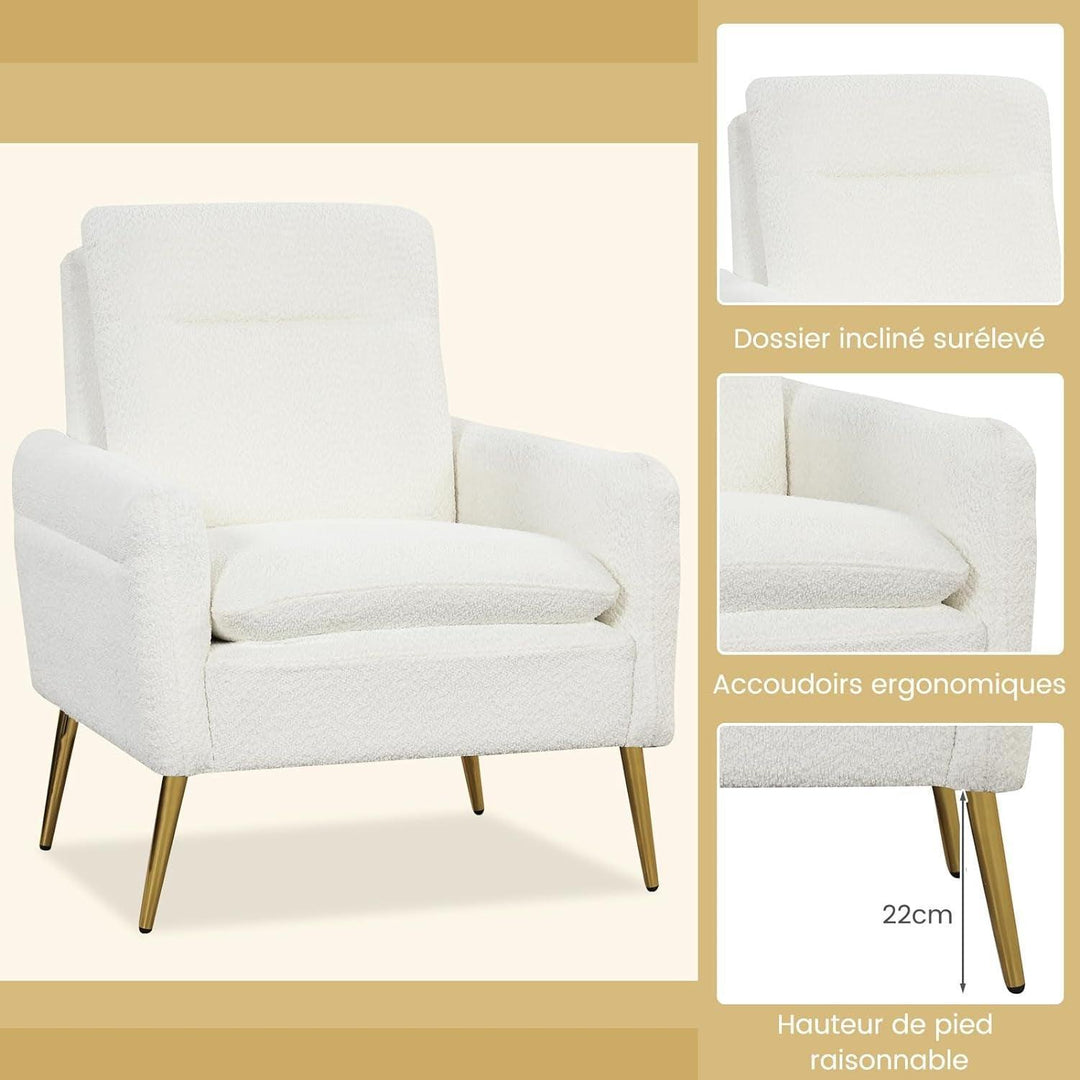 Fauteuil Salon Scandinave En Tissu Bouclette, Fauteuil Crapaud Avec Coussin Rembourré Et Pieds Métalliques Coniques, Fauteuil De Lecture 1 Personne Pour Salon, Chambre, Blanc | Designix -     - https://designix.fr/