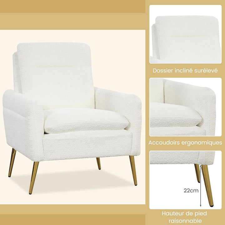 Fauteuil Salon Scandinave En Tissu Bouclette, Fauteuil Crapaud Avec Coussin Rembourré Et Pieds Métalliques Coniques, Fauteuil De Lecture 1 Personne Pour Salon, Chambre, Blanc | Designix -     - https://designix.fr/