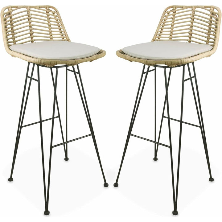 Alice'S Home - Deux Tabourets De Bar En Rotin Naturel Et Métal. Coussins Beige 75Cm- Cahya | Designix - Amazon    - https://designix.fr/