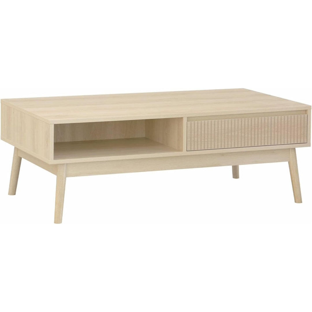 Alice'S Home - Table Basse Couleur Naturelle. Linear. Décor Bois Rainuré. Pieds Compas. 2 Niches. 1 Tiroir. L 110 X L 59 X H 39Cm | Designix - Amazon    - https://designix.fr/