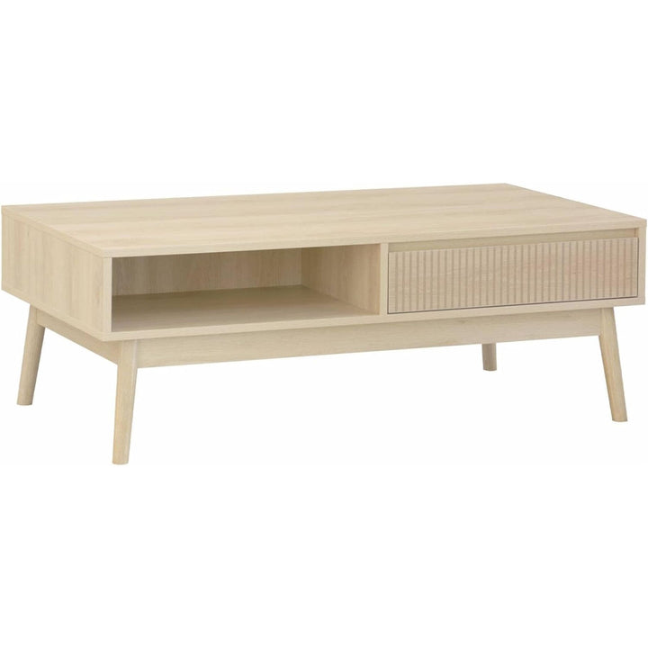 Alice'S Home - Table Basse Couleur Naturelle. Linear. Décor Bois Rainuré. Pieds Compas. 2 Niches. 1 Tiroir. L 110 X L 59 X H 39Cm | Designix - Amazon    - https://designix.fr/