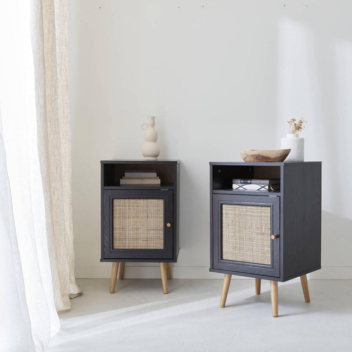 Alice'S Home - Lot De 2 Tables De Chevet En Cannage - Bohème - 40X39X65.8Cm Noir - 2 Niveaux - 1 Portes - 1 Espace De Rangement - Pieds Scandinaves | Designix - Amazon    - https://designix.fr/