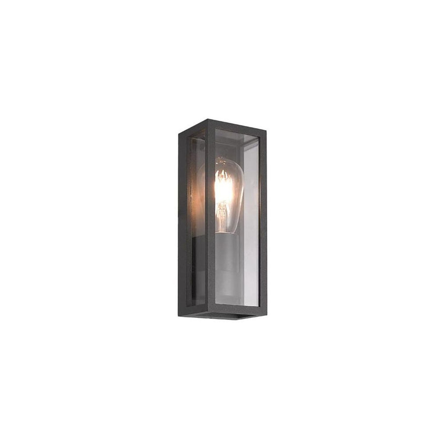 Applique murale noire rectangulaire de face avec ampoule E27 visible.