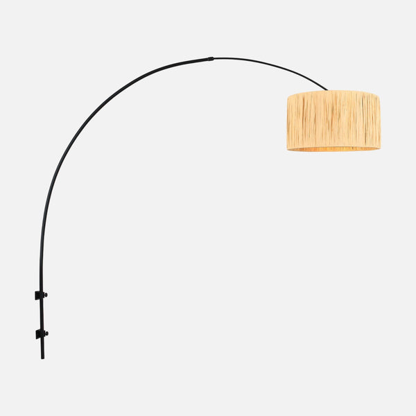 Applique murale raphia, grand bras arc noir & abat-jour herbe naturelle | Naïa