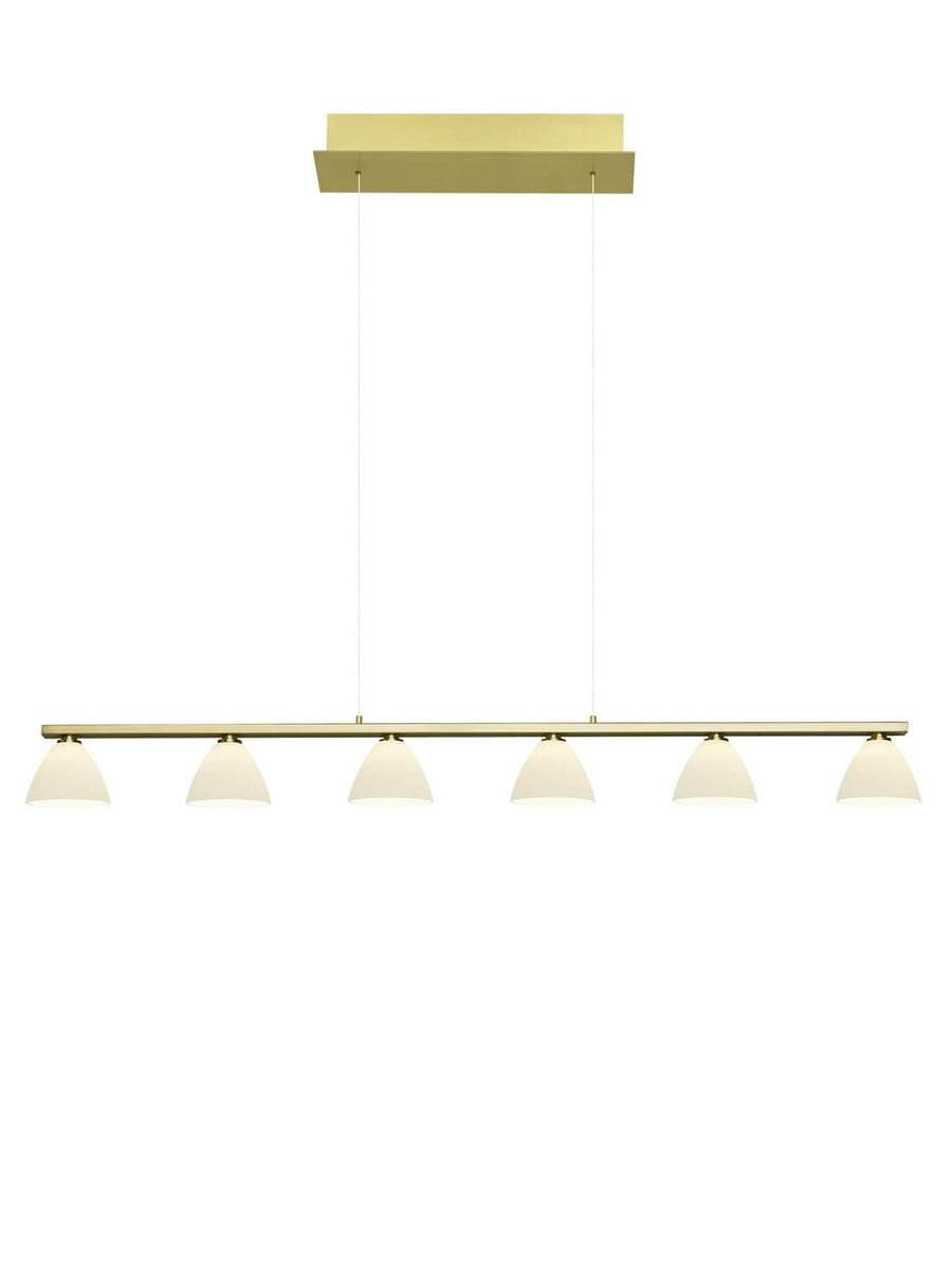 Vue de face du luminaire, barre horizontale et six diffuseurs opalins régulièrement espacés