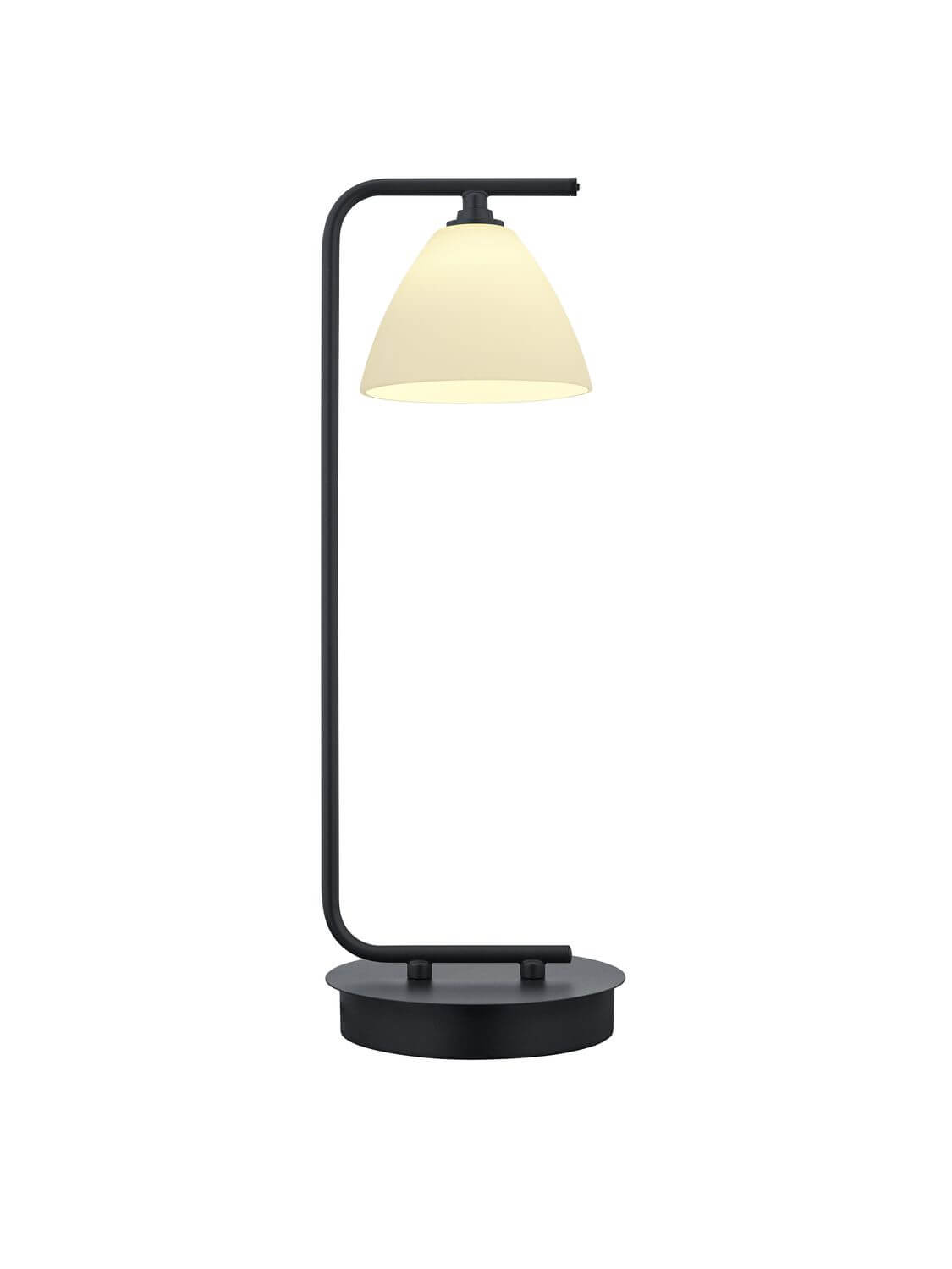 Vue de face de la lampe, socle rond noir et diffuseur conique crème légèrement éclairé
