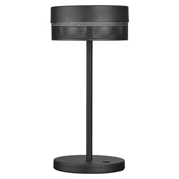 Lampe extérieure noire vue de face sur fond blanc, abat-jour cylindrique perforé