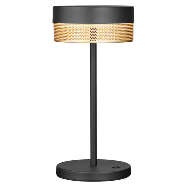 Lampe de table noire à abat-jour doré perforé, vue de face sur fond blanc