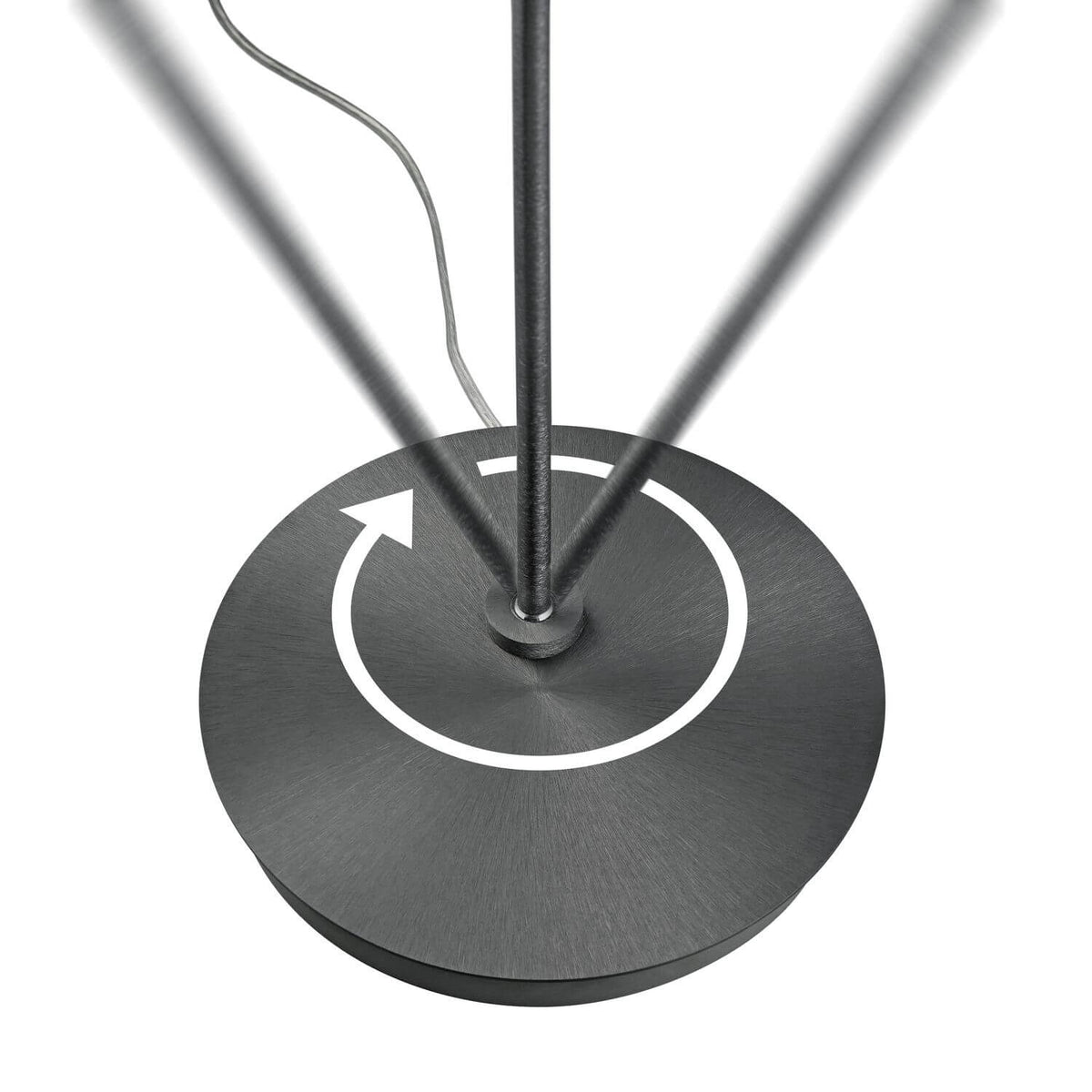 Détail de la base ronde en métal brossé avec flèche circulaire blanche