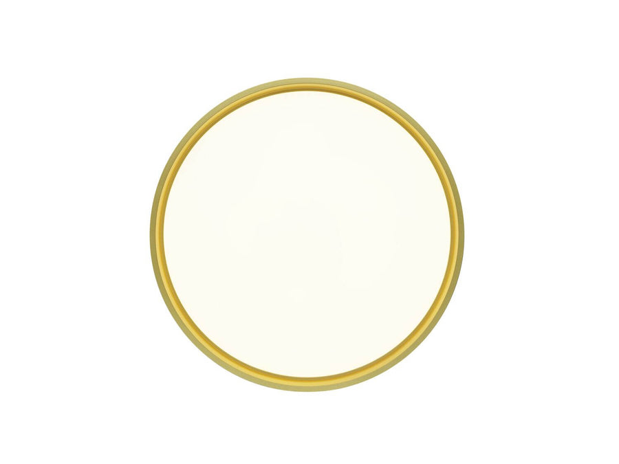 Vue de face du plafonnier rond doré avec large diffuseur blanc et cerclage.