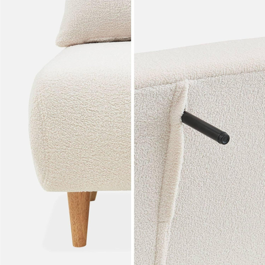 Alice'S Home - Canapé Convertible En Tissu Bouclettes Blanches- Guesta - 2 Places Scandinave. Pieds Bois Foncé. Banquette. Dossier Inclinable | Designix -     - https://designix.fr/