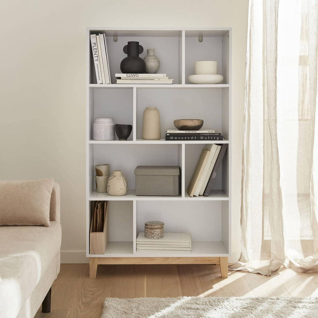 Alice'S Home - Bibliothèque Scandinave Blanche. Étagère Asymétrique - Floki - Pieds En Bois De Sapin. 4 Étagères. 8 Compartiments. 80X30X138Cm | Designix - Amazon    - https://designix.fr/