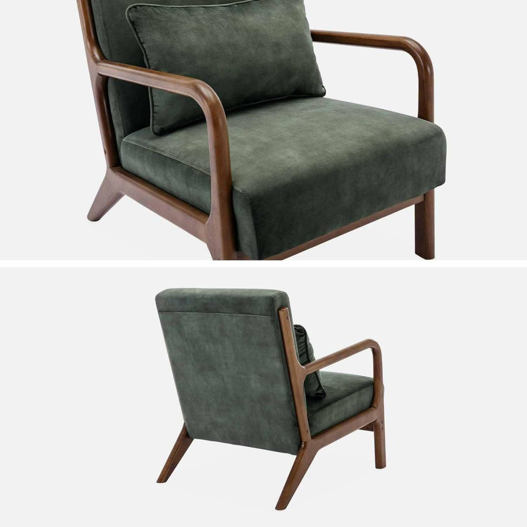 Alice'S Home - Fauteuil En Velours Kaki. Pieds Bois D'Hévéa Teinté Noyer Clair. 1 Place Droit Fixe. Pieds Compas Scandinave | Designix -     - https://designix.fr/