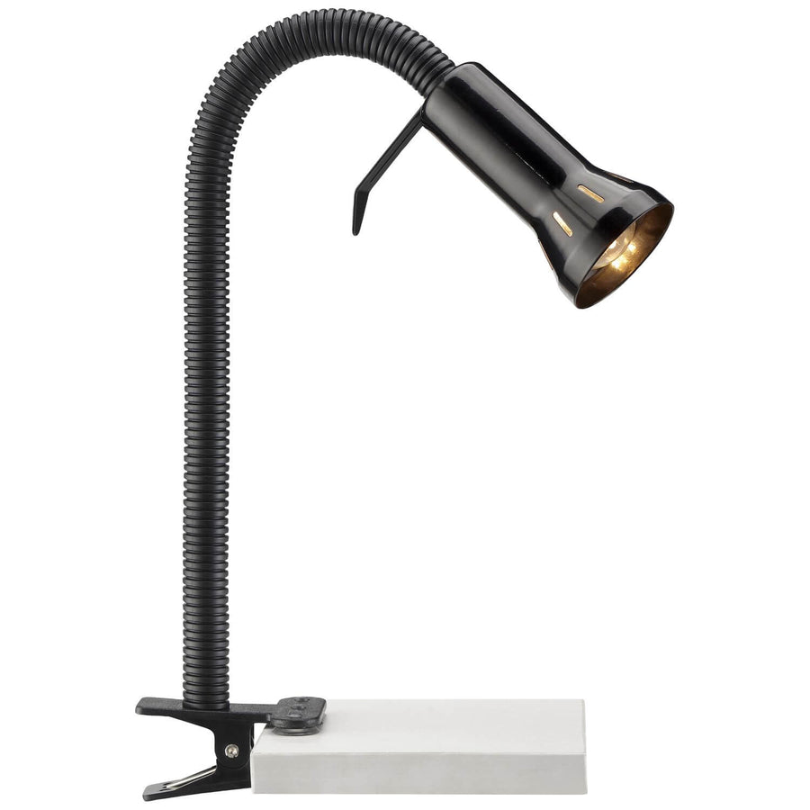 Lampe de bureau noire à pince, col flexible et tête conique orientable, sur fond blanc.