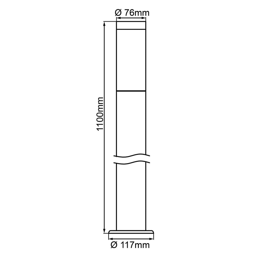 Schéma coté de la borne avec hauteur 1100 mm et diamètres 76 et 117 mm