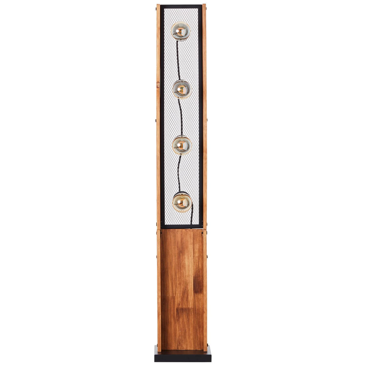 Vue de face du lampadaire, ampoules éteintes, structure en bois clair et panneau grillagé noir.