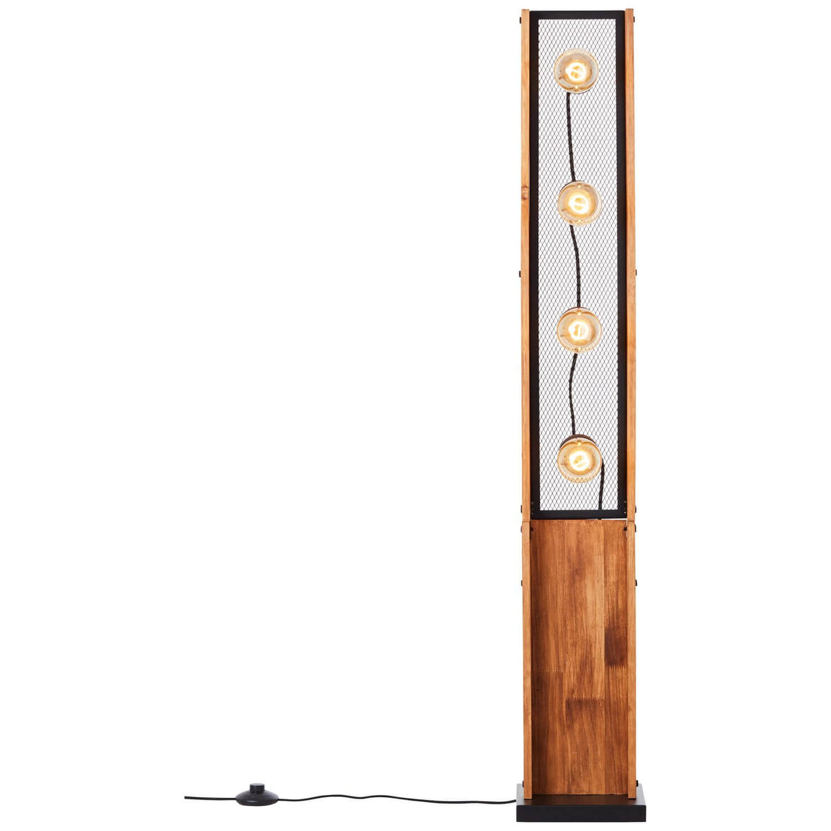 Lampadaire de face avec câble d'alimentation noir et interrupteur au sol, base stable.