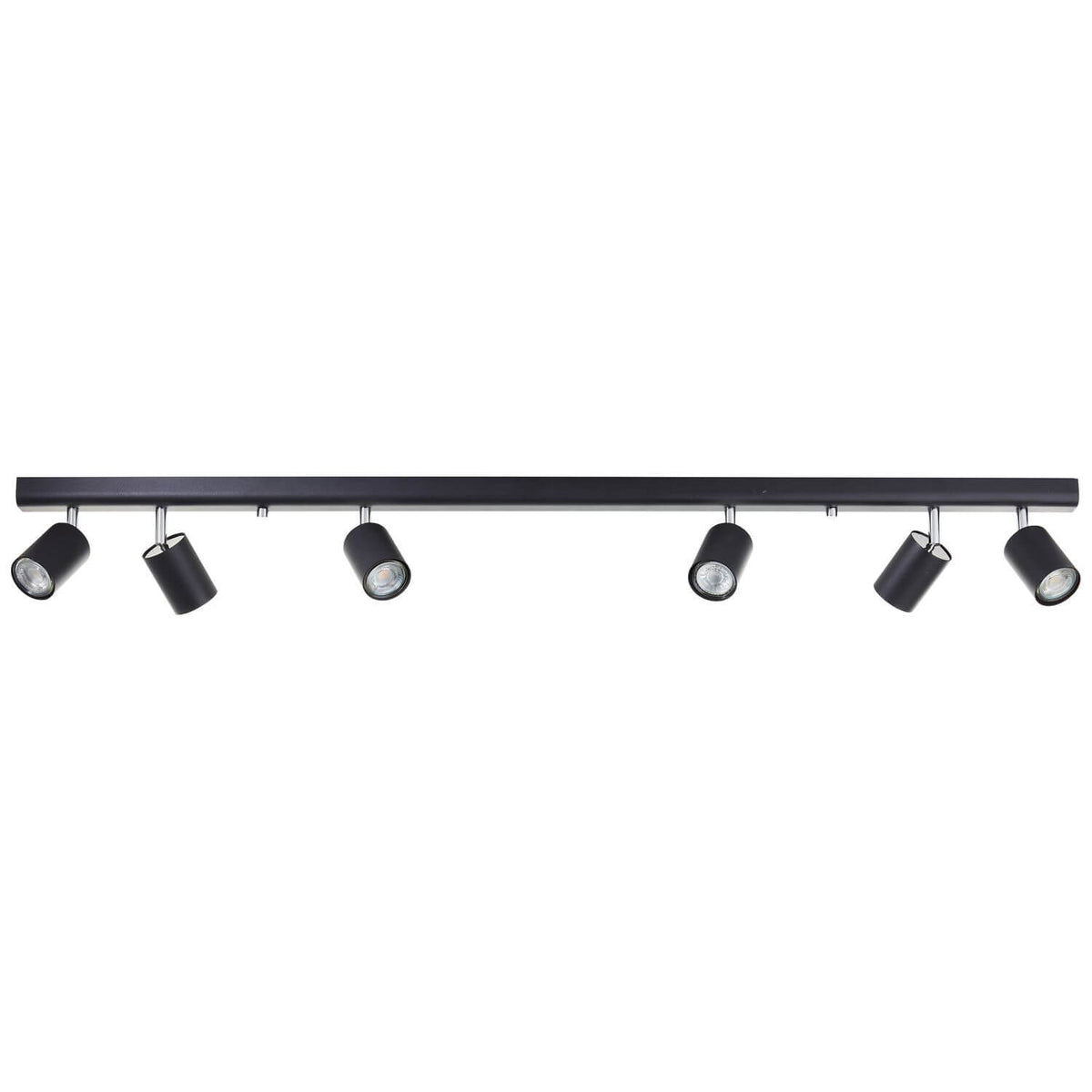 Vue frontale du luminaire noir, six projecteurs cylindriques inclinés vers le bas