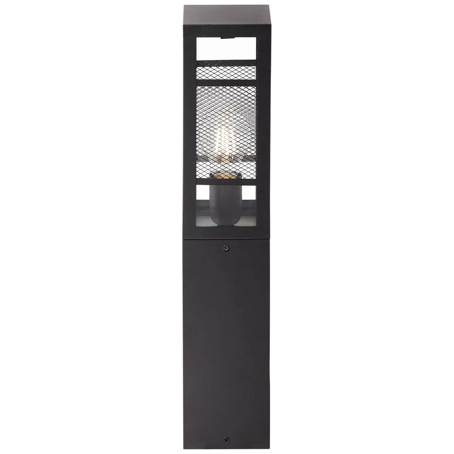 Vue de face du luminaire noir sur fond blanc, avec grille et ampoule visible.