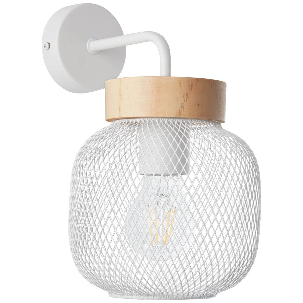Vue de face du luminaire : bras métallique blanc coudé et suspension cylindrique ajourée