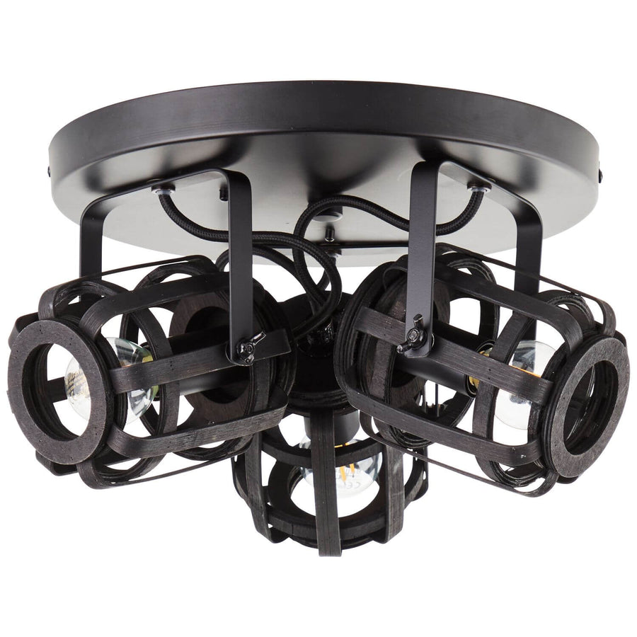 Vue de trois quarts montrant la platine ronde noire et les trois cages suspendues