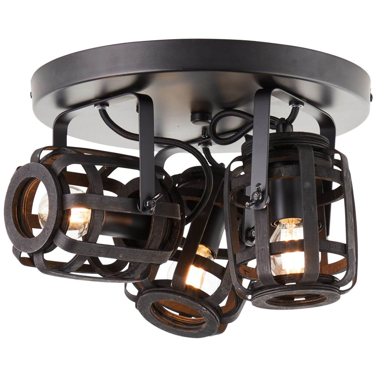 Vue de dessus du luminaire, ampoules allumées à l'intérieur des cages cylindriques