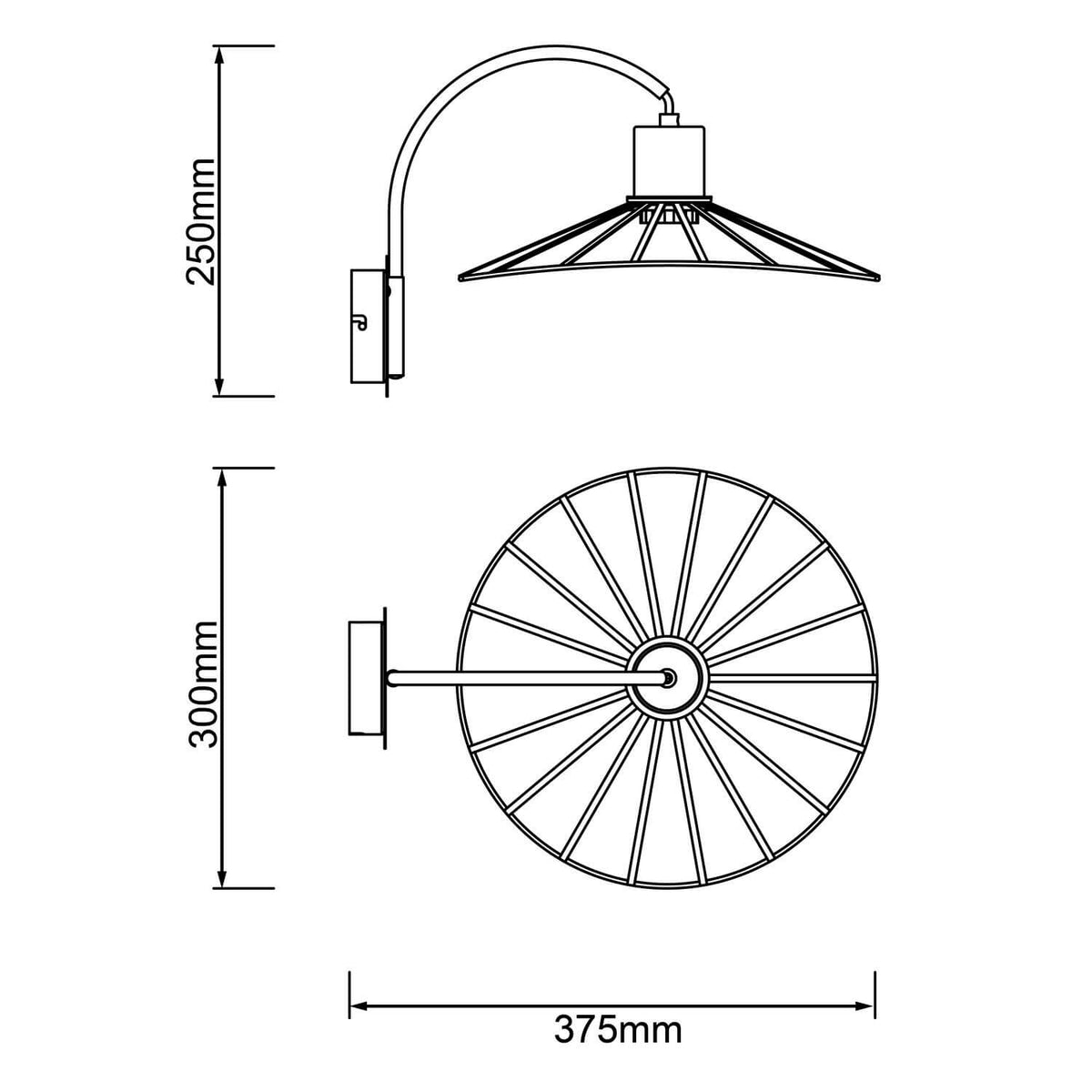 Schéma technique avec dimensions 250 mm, 300 mm et 375 mm