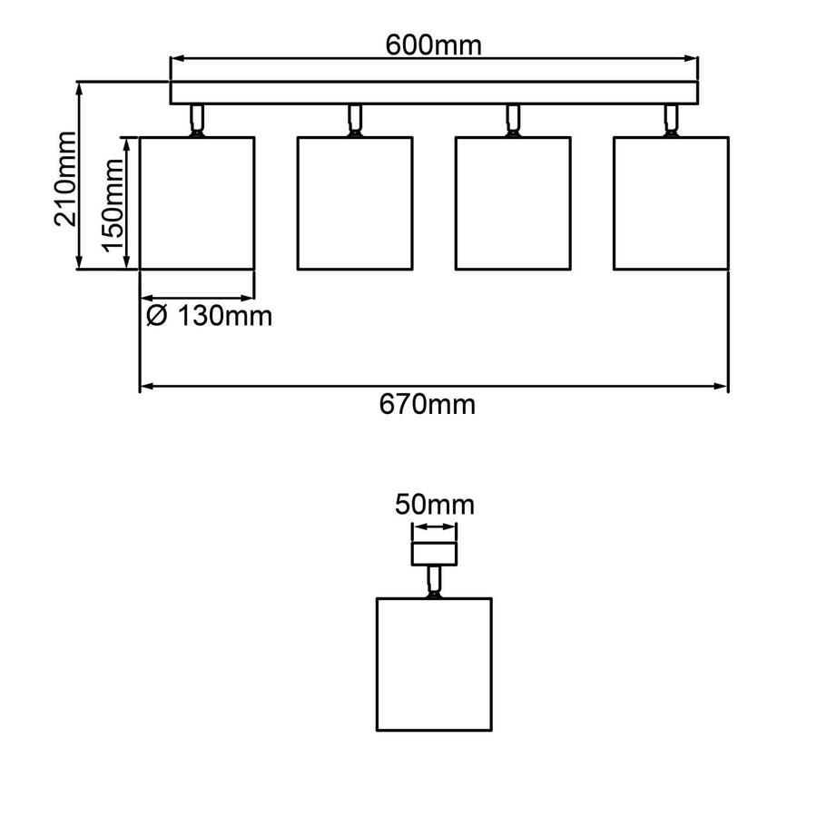 Schéma coté du luminaire indiquant 670 mm de large et 150 mm de hauteur